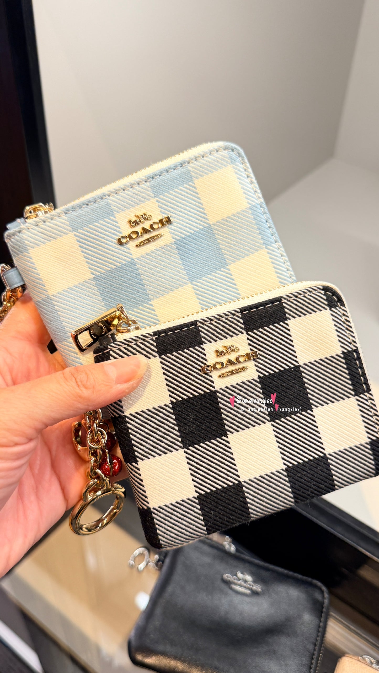 COACH Gingham 經典格紋系列 L型拉鍊多功能零錢包（附超萌立體櫻桃吊飾）