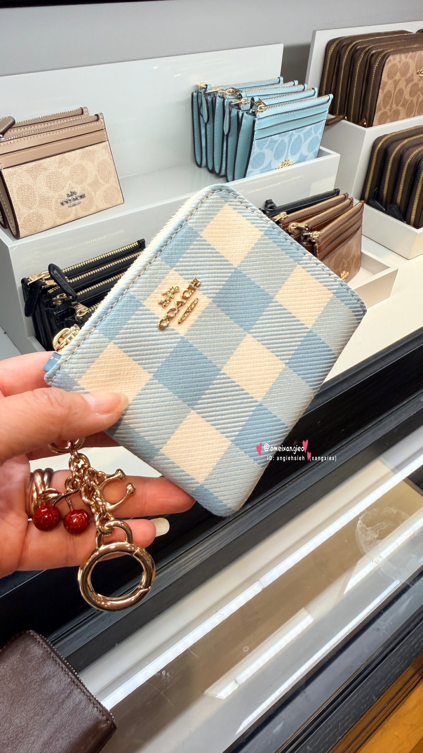 COACH Gingham 經典格紋系列 L型拉鍊多功能零錢包（附超萌立體櫻桃吊飾）