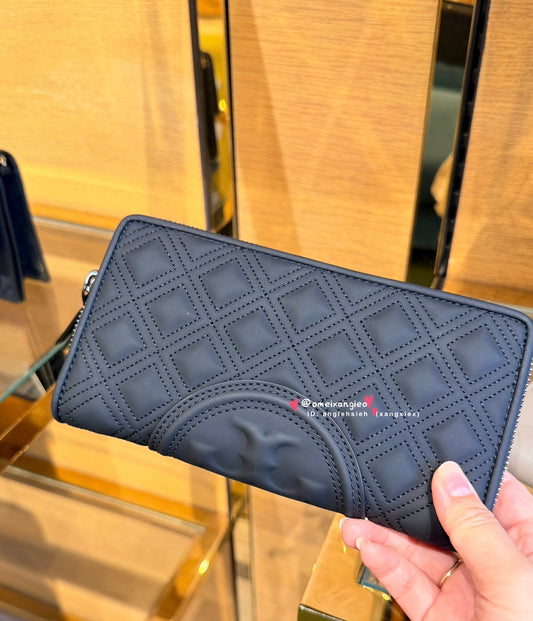 Tory Burch TB Fleming 經典菱格紋浮雕 Logo 全拉鍊長夾 / 皮夾 - 霧黑