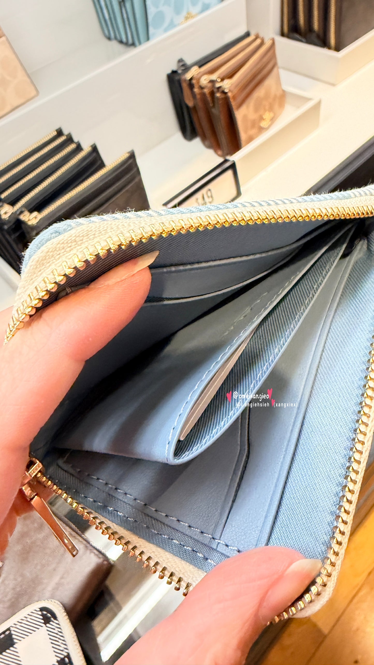 COACH Gingham 經典格紋系列 L型拉鍊多功能零錢包（附超萌立體櫻桃吊飾）