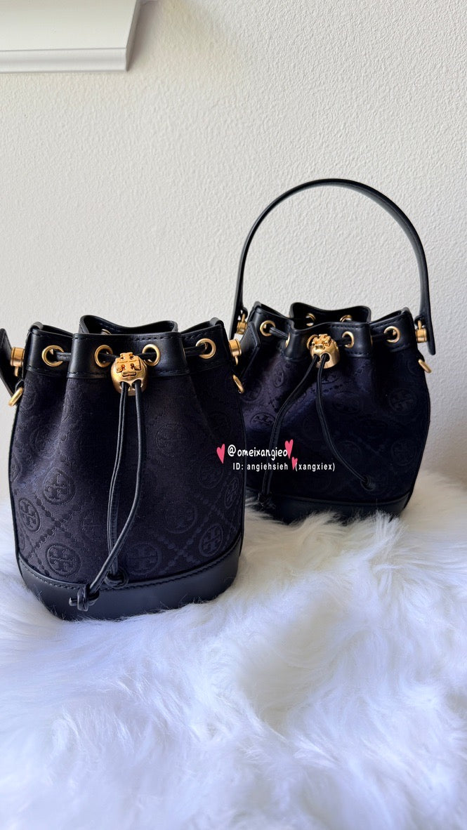Tory Burch T Monogram Bucket Bag 專櫃款 迷你雞經典老花抽繩水桶包/斜背包 （黑)
