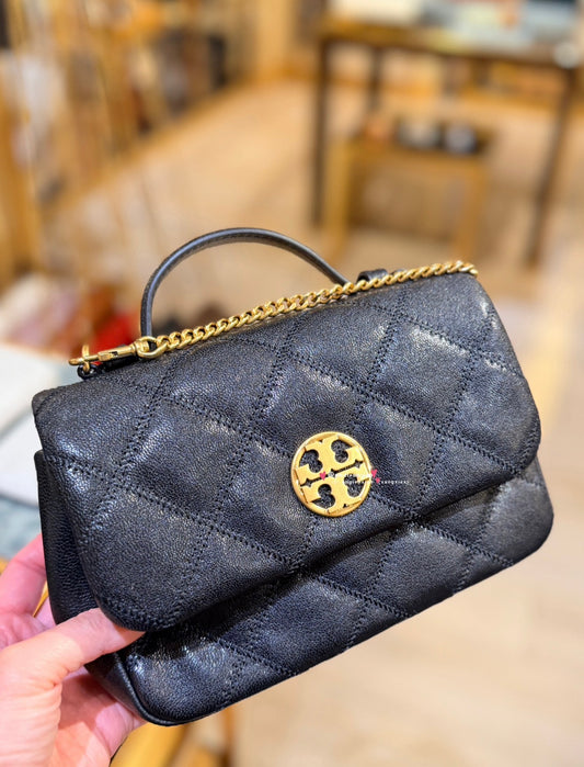 【Tory Burch】TB 經典菱格紋荔枝皮手提斜背小方胖包（黑色/金色金屬）